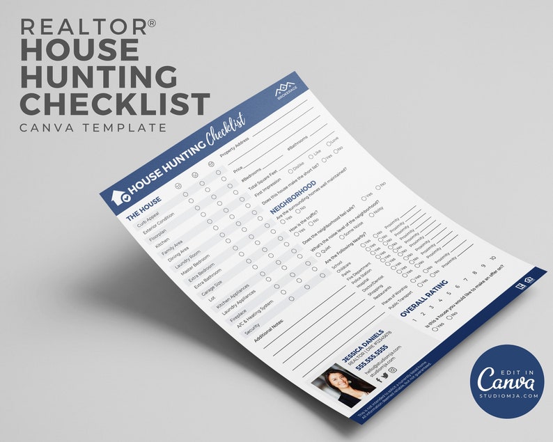 May include: A printable house hunting checklist with a blue and white color scheme. The checklist includes sections for "The House" and "Neighborhood" with checkboxes for various features. The bottom of the checklist includes a section for "Overall Rating" with a scale of 1 to 10. The checklist also includes a contact section with a name, phone number, and social media icons.