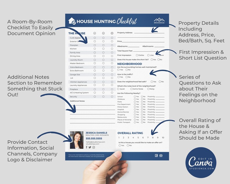 May include: A blue and white checklist for house hunting with a section for the house, neighborhood, and overall rating. The checklist includes questions about curb appeal, floorplan, bedrooms, bathrooms, total square feet, and more. It also includes a section for property details, first impression, and a series of questions to ask about the neighborhood. The checklist is designed to help buyers document their opinion of a house and make an informed decision.
