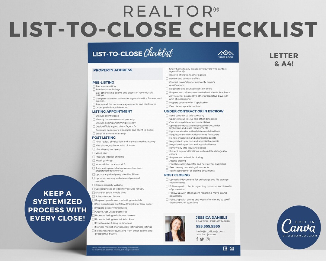 Real Estate List to Close Checklist, Real Estate Marketing, Printable ...