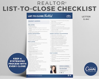 May include: A blue and white checklist for real estate agents titled "List-to-Close Checklist". The checklist includes steps for pre-listing, listing appointment, post-listing, under contract or in escrow, and post-closing. The checklist also includes a contact section for Jessica Daniels, Realtor.