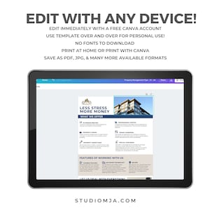 May include: A computer screen displaying a flyer for property management services. The flyer is titled "Less Stress More Money" and lists features such as in-person meetings, property inspections, and virtual concierge. The flyer is designed in Canva and can be edited with any device.