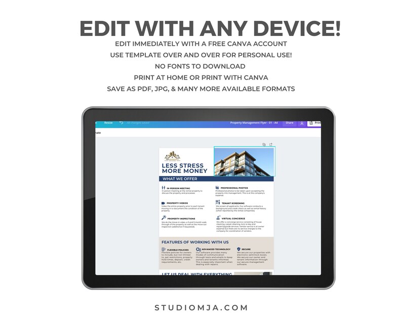 May include: A computer screen displaying a flyer for property management services. The flyer is titled "Less Stress More Money" and lists features such as in-person meetings, property inspections, and virtual concierge. The flyer is designed in Canva and can be edited with any device.