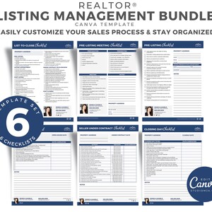 May include: A set of six blue and white checklists for real estate agents. The checklists are titled "List-to-Close Checklist", "Pre-Listing Meeting Checklist", "Pre-Listing Checklist", "Seller Under Contract Checklist", and "Closing Day Checklist".