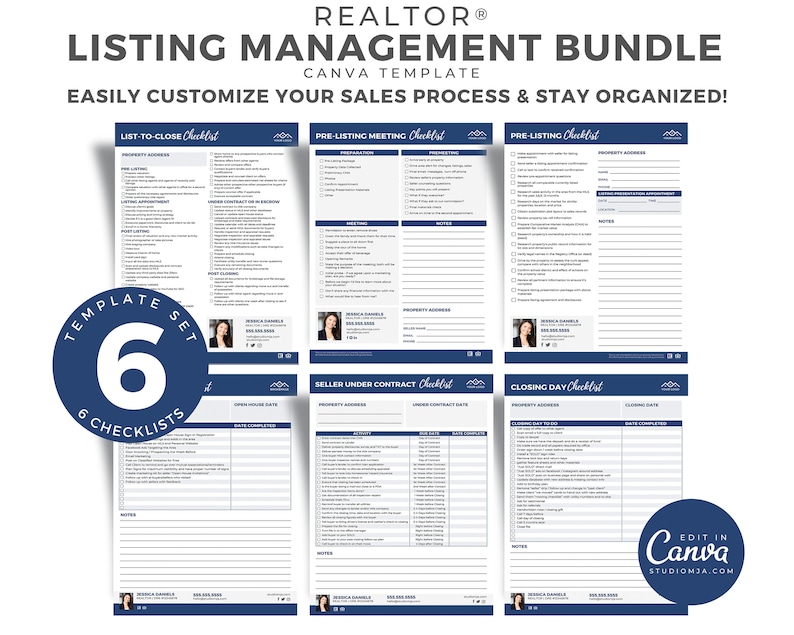 May include: A set of six blue and white checklists for real estate agents. The checklists are titled "List-to-Close Checklist", "Pre-Listing Meeting Checklist", "Pre-Listing Checklist", "Seller Under Contract Checklist", and "Closing Day Checklist".