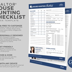 May include: A blue and white checklist template for house hunting. The checklist includes sections for the house, neighborhood, and overall rating. The template is designed to be used by real estate agents and their clients.