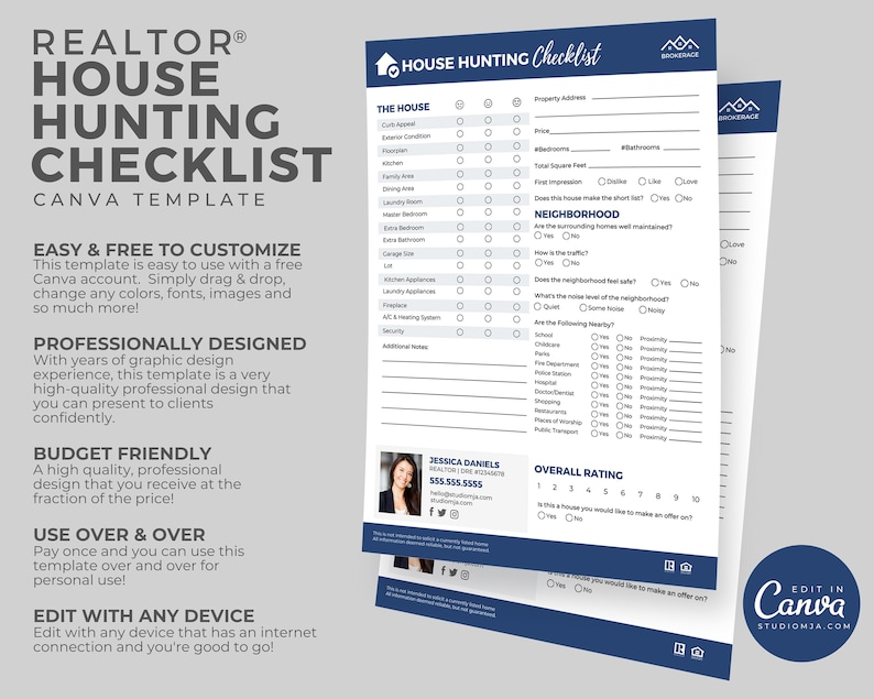 May include: A blue and white checklist template for house hunting. The checklist includes sections for the house, neighborhood, and overall rating. The template is designed to be used by real estate agents and their clients.