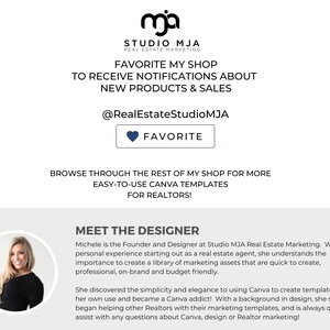 May include: A woman smiles at the camera in a headshot. The text reads "Meet the Designer" and describes the woman as the founder and designer of Studio MJA Real Estate Marketing. The text explains that she understands the importance of creating marketing assets that are quick to create, professional, on-brand, and budget-friendly. The text also mentions that she discovered the simplicity and elegance of using Canva to create templates and became a Canva addict. The text concludes by saying that she helps other realtors with their marketing templates and is always quick to assist with any questions about Canva, design, or realtor marketing.