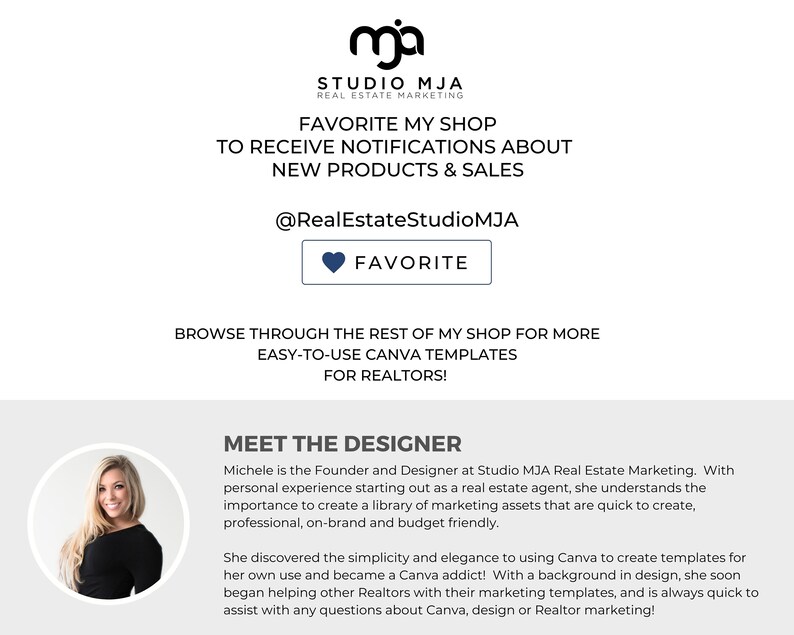 May include: A woman smiles at the camera in a headshot. The text reads "Meet the Designer" and describes the woman as the founder and designer of Studio MJA Real Estate Marketing. The text explains that she understands the importance of creating marketing assets that are quick to create, professional, on-brand, and budget-friendly. The text also mentions that she discovered the simplicity and elegance of using Canva to create templates and became a Canva addict. The text concludes by saying that she helps other realtors with their marketing templates and is always quick to assist with any questions about Canva, design, or realtor marketing.