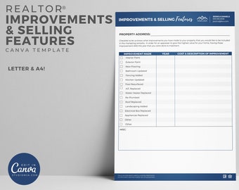 Améliorations immobilières et feuille de caractéristiques de vente, Marketing immobilier, Fiche nette du vendeur, Hypothèque, Marketing de l'agent immobilier, Imprimable, Canva