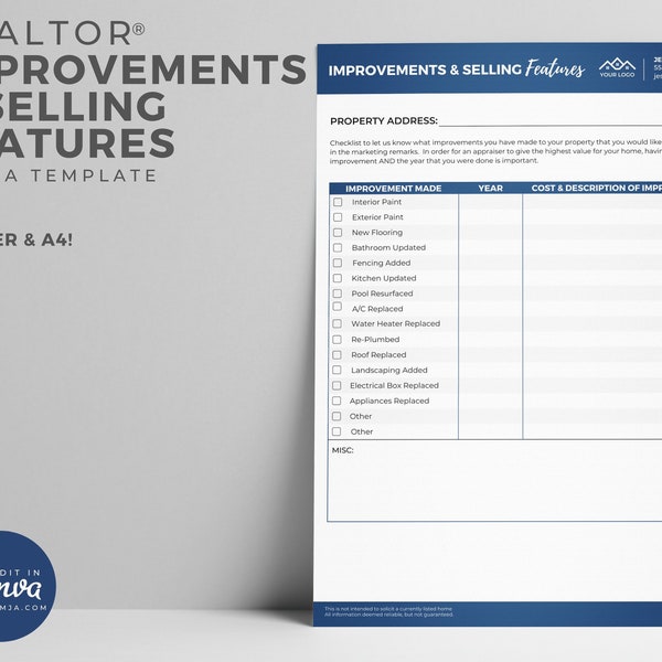 Real Estate Improvements and Selling Features Sheet, Real Estate Marketing,Seller Net Sheet, Mortgage, Realtor Marketing, Printable, Canva
