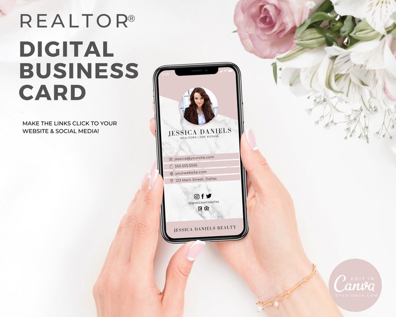 May include: A digital business card template for a realtor. The card features a pink and white marble background with a photo of a woman in a circle. The card includes the realtor's name, contact information, website, and social media links. The text "REALTOR&reg;" is at the top of the card. The text "DIGITAL BUSINESS CARD" is below the realtor's name. The text "MAKE THE LINKS CLICK TO YOUR WEBSITE & SOCIAL MEDIA!" is below the card. The card is being held by a person's hand. The text "EDIT IN Canva STUDIOMIA.COM" is at the bottom of the image.
