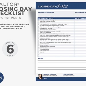 May include: A blue and white checklist for real estate agents to use on closing day. The checklist includes tasks such as getting a copy of the offer, scanning emails, and making sure the deposit is received. The checklist also includes a section for notes and a contact section with the realtor's name, phone number, and website.