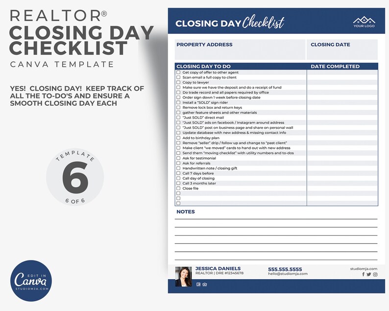 May include: A blue and white checklist for real estate agents to use on closing day. The checklist includes tasks such as getting a copy of the offer, scanning emails, and making sure the deposit is received. The checklist also includes a section for notes and a contact section with the realtor's name, phone number, and website.