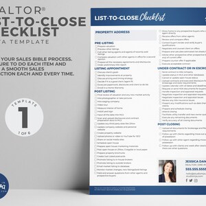 May include: A checklist for real estate agents to use when listing and closing a property. The checklist includes steps for pre-listing, listing appointment, post-listing, under contract or in escrow, and post-closing. The checklist is titled "List-to-Close Checklist" and is a Canva template.