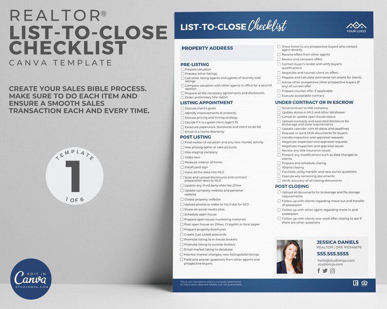 May include: A checklist for real estate agents to use when listing and closing a property. The checklist includes steps for pre-listing, listing appointment, post-listing, under contract or in escrow, and post-closing. The checklist is titled "List-to-Close Checklist" and is a Canva template.
