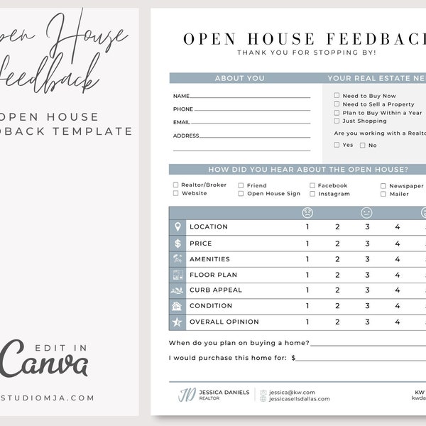 Open House Feedback Form | Open House SignIn| Canva Template | Realtor Download Template