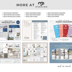 May include: A collection of real estate marketing materials, including brochures, postcards, flyers, door hangers, and newsletters. The materials are designed to help real estate agents promote their services and connect with potential clients.