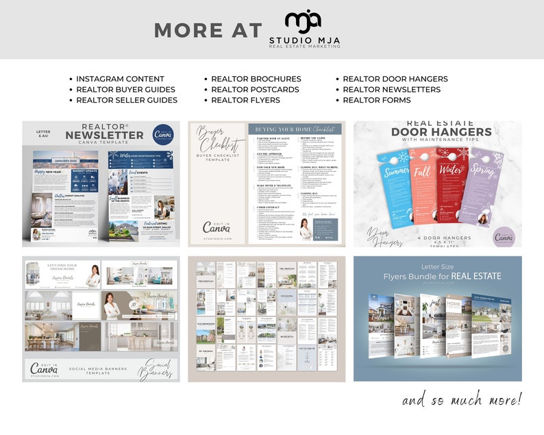 May include: A collection of real estate marketing materials, including brochures, postcards, flyers, door hangers, and newsletters. The materials are designed to help real estate agents promote their services and connect with potential clients.