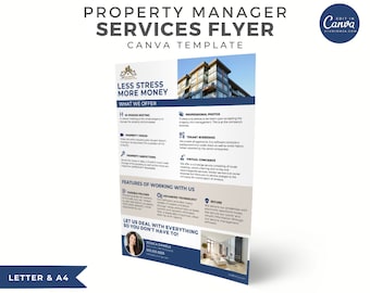 May include: A blue and white flyer with the text "Property Manager Services Flyer" and "Less Stress More Money" in bold white text. The flyer advertises property management services with a list of features including in-person meetings, professional photos, tenant screening, and virtual concierge. The flyer also includes a contact name and phone number.