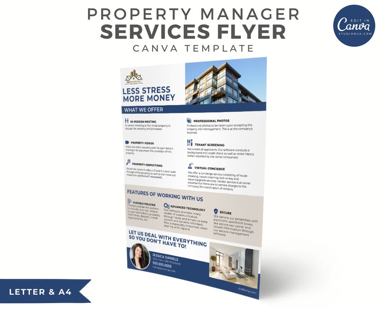 May include: A blue and white flyer with the text "Property Manager Services Flyer" and "Less Stress More Money" in bold white text. The flyer advertises property management services with a list of features including in-person meetings, professional photos, tenant screening, and virtual concierge. The flyer also includes a contact name and phone number.