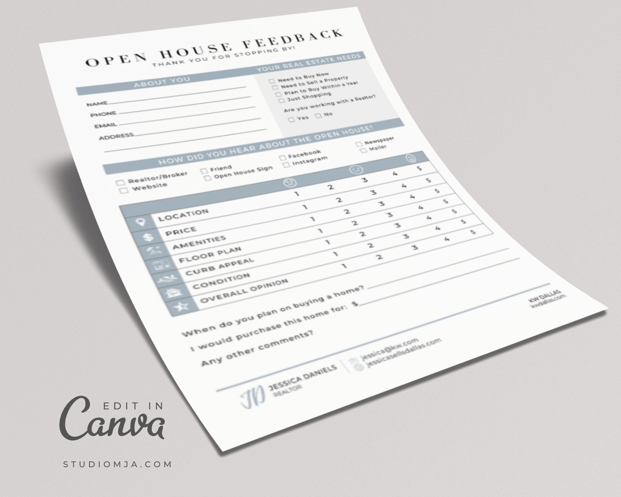 Open House Feedback Form | Open House Signin| Canva Template | Realtor ...