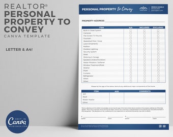 Może przedstawiać: Drukowany formularz nieruchomości zatytułowany "Personal Property to Convey" z listą kontrolną przedmiotów do włączenia lub wykluczenia w sprzedaży domu. Formularz zawiera sekcje dla adresu nieruchomości, przedmiotu, N/A, włączone, wykluczone, przedmiot, wiek i komentarze. Formularz zawiera również linię podpisu dla sprzedającego.