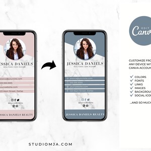 May include: A digital business card template for a real estate agent. The template features a pink and white color scheme with a photo of a woman in the top left corner. The text "JESSICA DANIELS REALTOR&reg; DRE #123456" is displayed in a bold font. The template also includes contact information, a website address, and social media icons.