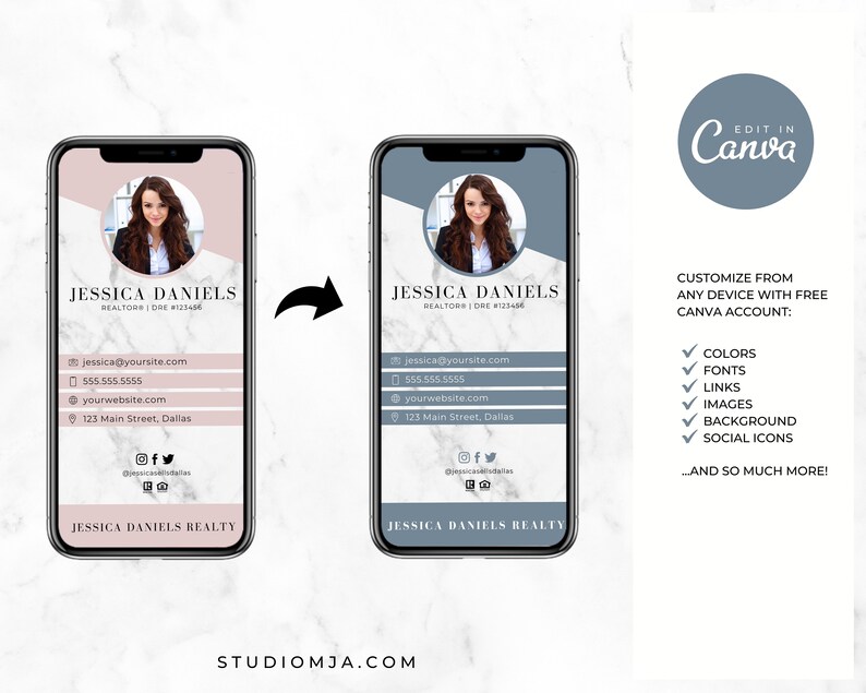 May include: A digital business card template for a real estate agent. The template features a pink and white color scheme with a photo of a woman in the top left corner. The text "JESSICA DANIELS REALTOR&reg; DRE #123456" is displayed in a bold font. The template also includes contact information, a website address, and social media icons.