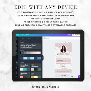 May include: A pink and white digital template for a business card with a woman's headshot in a circle. The text on the card reads "Jessica Daniels" and includes contact information. The template is being edited in Canva.