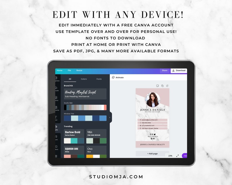 May include: A pink and white digital template for a business card with a woman's headshot in a circle. The text on the card reads "Jessica Daniels" and includes contact information. The template is being edited in Canva.