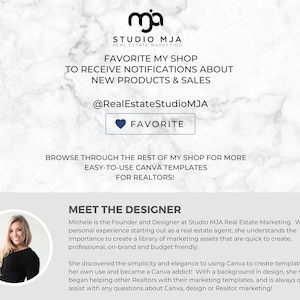 May include: A woman smiles at the camera in a headshot. She is the founder and designer of Studio MJA Real Estate Marketing. The text "Meet the Designer" is above her headshot. The text below her headshot reads: "Michele is the Founder and Designer at Studio MJA Real Estate Marketing. With personal experience starting out as a real estate agent, she understands the importance to create a library of marketing assets that are quick to create, professional, on-brand and budget friendly. She discovered the simplicity and elegance to using Canva to create templates for her own use and became a Canva addict! With a background in design, she soon began helping other Realtors with their marketing templates, and is always quick to assist with any questions about Canva, design or Realtor marketing!"