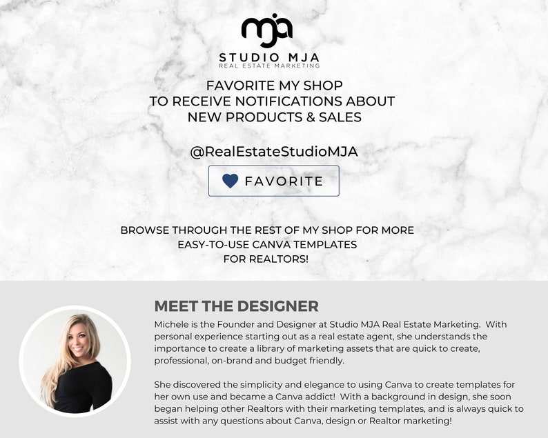 May include: A woman smiles at the camera in a headshot. She is the founder and designer of Studio MJA Real Estate Marketing. The text "Meet the Designer" is above her headshot. The text below her headshot reads: "Michele is the Founder and Designer at Studio MJA Real Estate Marketing. With personal experience starting out as a real estate agent, she understands the importance to create a library of marketing assets that are quick to create, professional, on-brand and budget friendly. She discovered the simplicity and elegance to using Canva to create templates for her own use and became a Canva addict! With a background in design, she soon began helping other Realtors with their marketing templates, and is always quick to assist with any questions about Canva, design or Realtor marketing!"