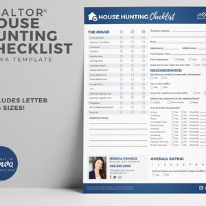May include: A printable house hunting checklist with sections for the house, neighborhood, and overall rating. The checklist includes questions about curb appeal, exterior condition, kitchen, bedrooms, bathrooms, square footage, traffic, noise level, and proximity to schools, parks, and other amenities. The checklist also includes a space for additional notes and an overall rating scale.