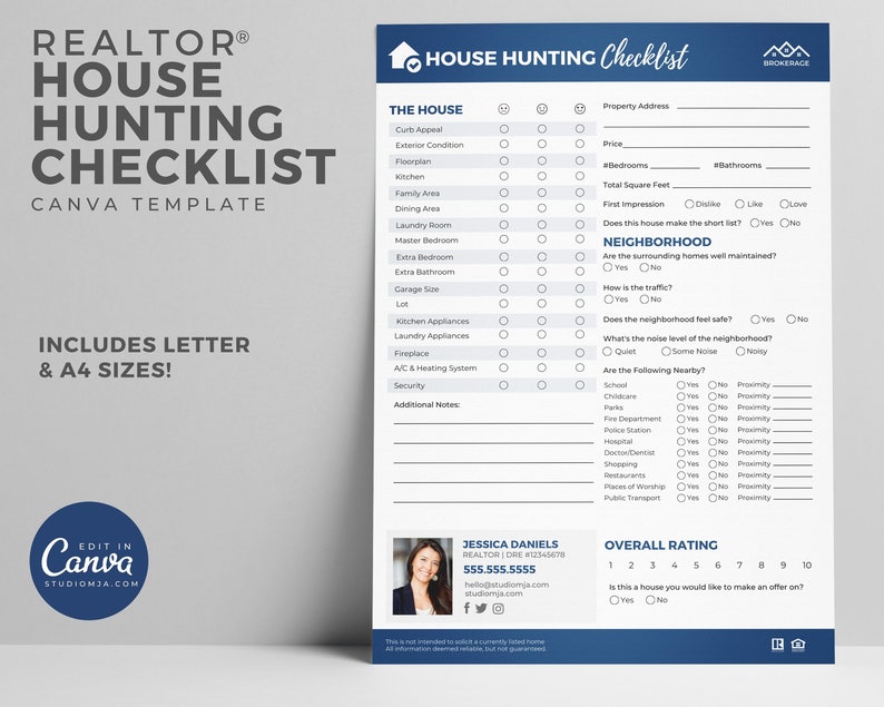 May include: A printable house hunting checklist with sections for the house, neighborhood, and overall rating. The checklist includes questions about curb appeal, exterior condition, kitchen, bedrooms, bathrooms, square footage, traffic, noise level, and proximity to schools, parks, and other amenities. The checklist also includes a space for additional notes and an overall rating scale.