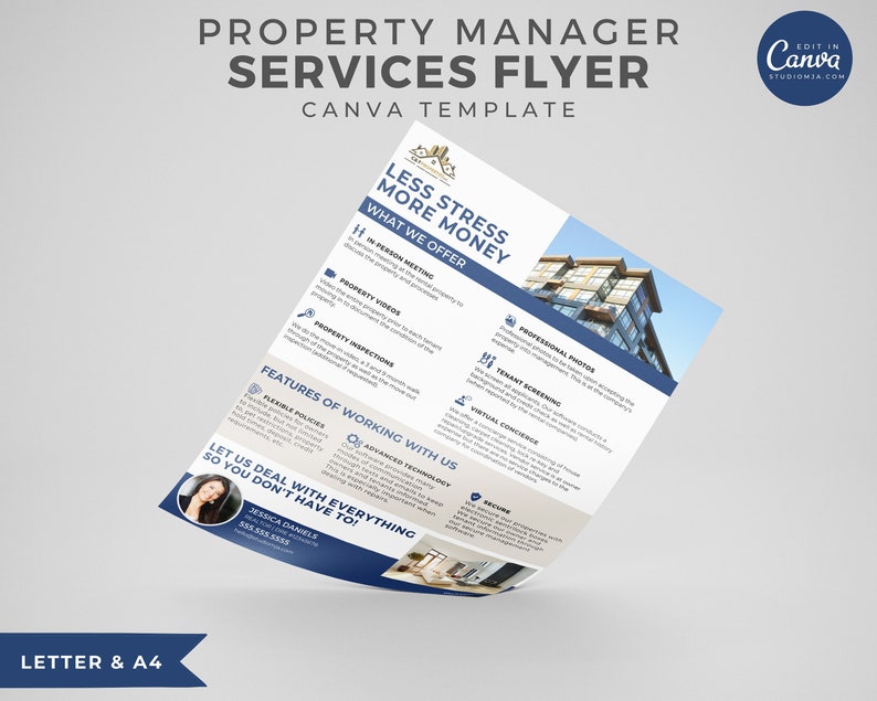 May include: A blue and white flyer with the text "Property Manager Services Flyer" and "Less Stress More Money" in a white box with a blue border. The flyer lists services offered by a property manager, including in-person meetings, property videos, property inspections, professional photos, tenant screening, virtual concierge, and more.
