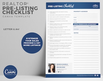 May include: A blue and white checklist for real estate agents to use when preparing to list a property. The checklist includes tasks such as making an appointment with the seller, reviewing pre-appointment questions, researching comparable properties, and preparing a listing presentation package. The checklist also includes a section for the property address, listing presentation appointment details, and notes. The checklist is titled "Pre-Listing Checklist" and is a Canva template.