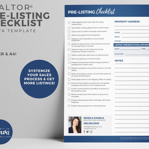 Realtor Pre-listing Checklist Real Estate Marketing | Etsy