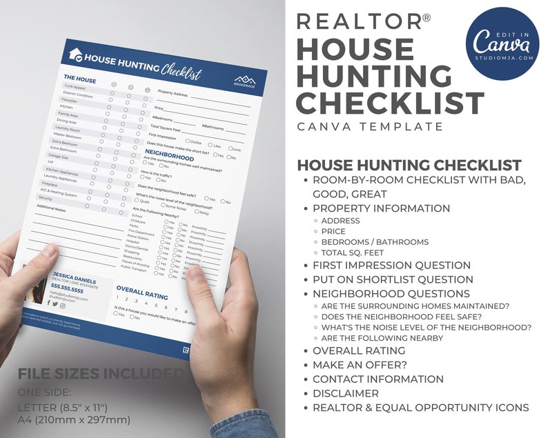 May include: A printable house hunting checklist template for realtors. The checklist includes sections for the house, neighborhood, overall rating, and contact information. The template is designed to be used by realtors to help their clients find the perfect home.