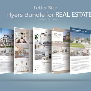 May include: A set of four real estate flyers featuring photos of homes and interiors. The flyers are designed in a modern style with a clean layout and a focus on high-quality photography. Each flyer includes a headline, a brief description of the property, and contact information for the real estate agent.