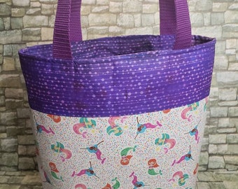 Child tote bag, Mermaid, purple, 11 x 12 inches