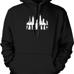 May include: Black hooded sweatshirt with a white graphic of the New York City skyline and the text "718 NYC".