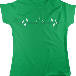 May include: Green t-shirt with a white graphic of a coffee cup with steam and a heartbeat line. The text "NOFO" is on the right side of the graphic.