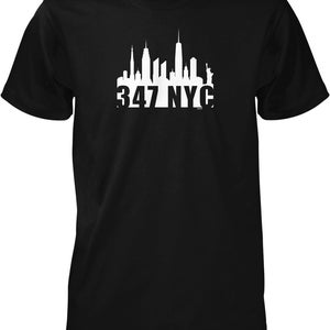 May include: Black t-shirt with a white silhouette of the New York City skyline and the text "347 NYC".