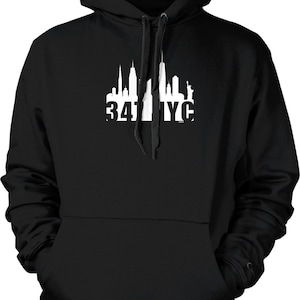 May include: Black hooded sweatshirt with a white graphic of the New York City skyline and the text "347 NYC".