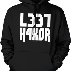 May include: Black hooded sweatshirt with white text that reads "LEET HAXOR".