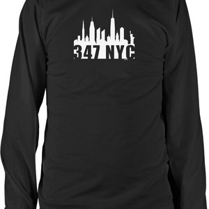 May include: Black long-sleeve t-shirt with a white silhouette of the New York City skyline and the text "347 NYC".