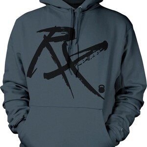 May include: A dark blue hooded sweatshirt with a black graphic of a stylized kanji character and a small kettlebell symbol.