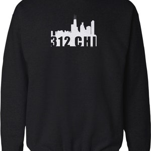 May include: Black sweatshirt with a white silhouette of the Chicago skyline and the text "312 CHI" printed on the front.