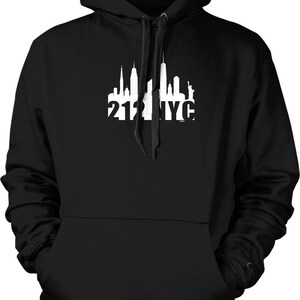 May include: Black hooded sweatshirt with a white graphic of the New York City skyline and the text "212 NYC".