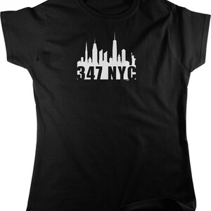 May include: Black t-shirt with a white silhouette of the New York City skyline and the text "347 NYC".